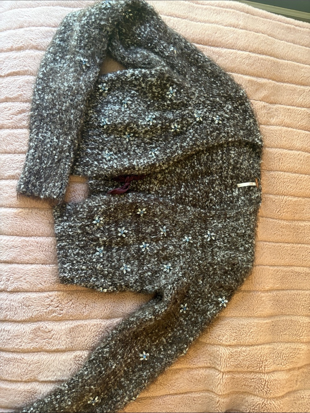 Free People Brown Bouclé Cardigan with Light Blue Speckles